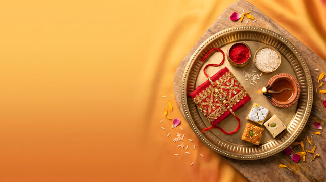 Decorative pooja thali with rakhi sweet and red powder on golden orange background