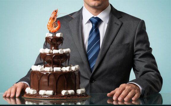 Man in suit with chocolate fountain and shrimp on head symbolizing