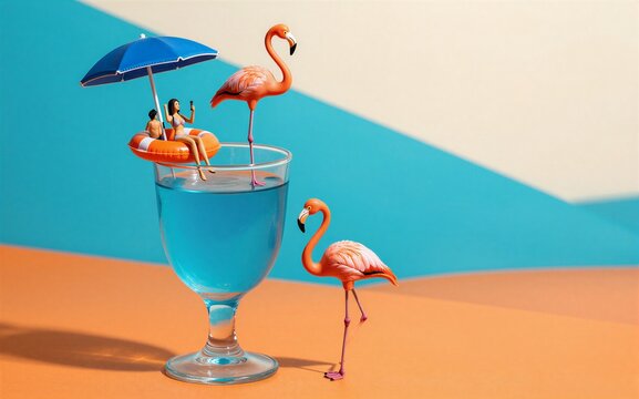 Flamingos beach umbrella and miniature people float in a vibrant blue