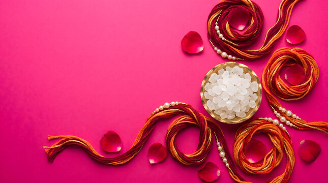 Colorful rakhi thread coil with pearl string and crystal sugar bowl on pink surface