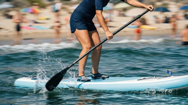 Active woman paddleboarding on ocean water during summer vacation at the beach