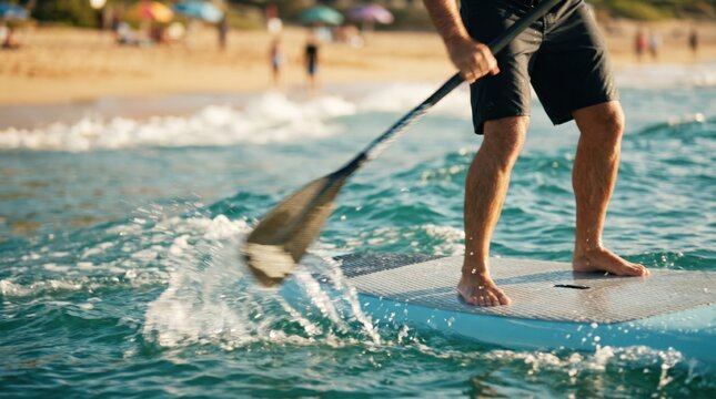 Active adult man paddleboarding on ocean waves during sunny summer vacation at the beach