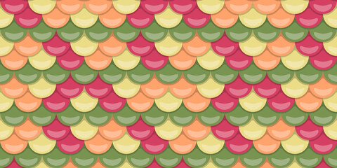 Vibrant seamless pattern of overlapping scales in pastel pink, orange, and green.  Perfect for backgrounds, textile designs, or whimsical illustrations. © Olena