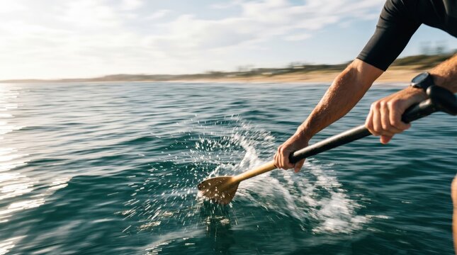 Close up of a fit man paddleboarding on the ocean at sunrise, active water sports lifestyle