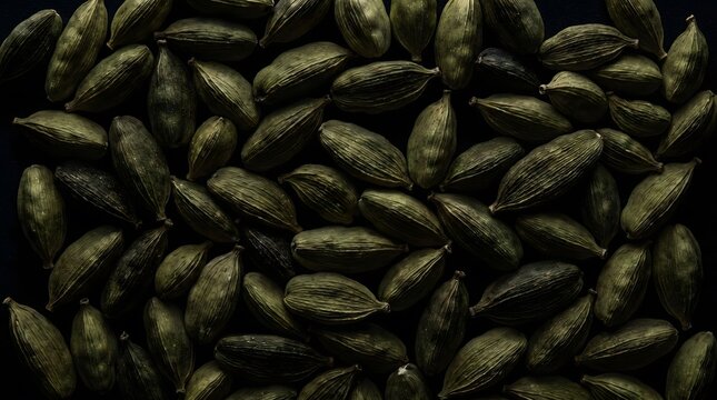 Close-up shot of cardamom pods, culinary spices and flavoring ingredient spice extreme close-up, culinary detail, copy space, food background