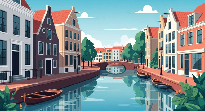 Flat vector illustration of a scenic European canal with traditional Dutch gabled houses, a brick arched bridge, wooden rowboats on blue water, street lamps, and green trees.
