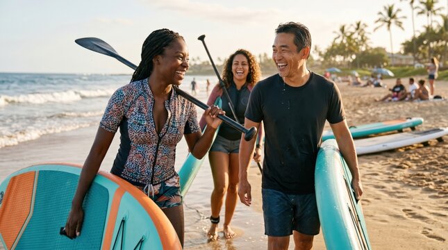 Diverse friends walking on beach with stand up paddleboards at sunset