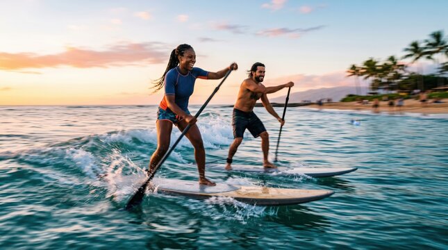 Active young couple stand up paddleboarding on ocean waves at sunset