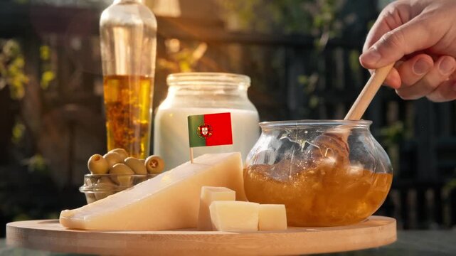 A selection of traditional Portuguese farm produce, such as cheese, honey, and dairy goods, is set in soft natural light with a warm rustic mood.