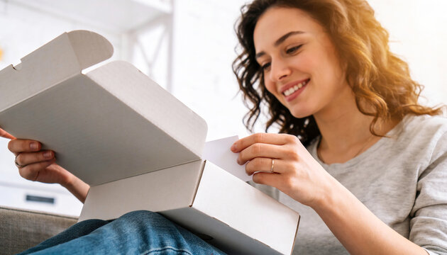 A young woman sits on a couch and opens a white box with a smile. The room is bright and she is focused on what is inside the box. This moment captures her excitement