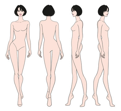Colored fashion croquis figurines walking front side back view with short bob hair woman in white background.
