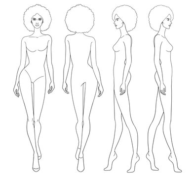Fashion outline sketch croquis figurines walking front side back view with afro hair woman in white background.