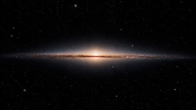 Vast spiral galaxy seen edge-on with bright central bulge and starry background