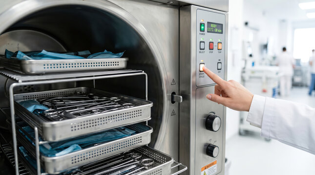 In a hospital, medical staff uses an autoclave machine to sterilize surgical instruments. The staff ensures cleanliness and safety in the operating room. This process happens during the day