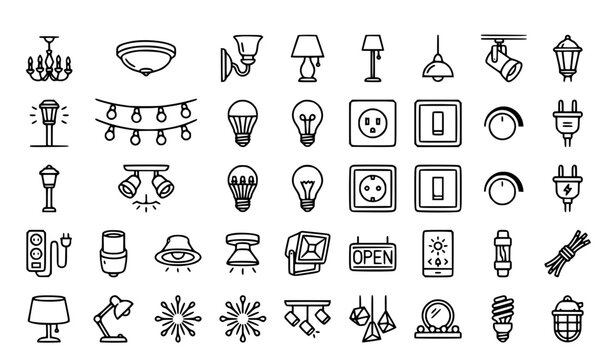 Light fixture lamps flat 32 icon set with chandelier bulb socket and editable stroke vector collection