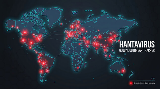 A map displays locations of hantavirus infection hotspots across different continents. Red dots mark areas with reported cases. Data helps in monitoring the outbreak