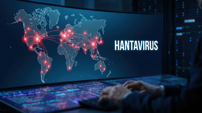A person is working on a computer while looking at a large screen that shows a map of the world. Red points indicate locations connected by lines representing hantavirus data