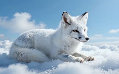 Obraz premium White fox rests serene in snowy landscape under bright blue sky.