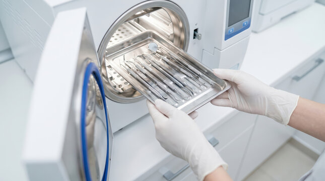 A medical technician is wearing gloves while taking a tray of sterilized instruments from an autoclave. The setting shows a laboratory with clean surfaces and equipment