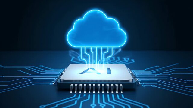 AI cloud computing chip with a glowing neon cloud icon on a blue circuit background.