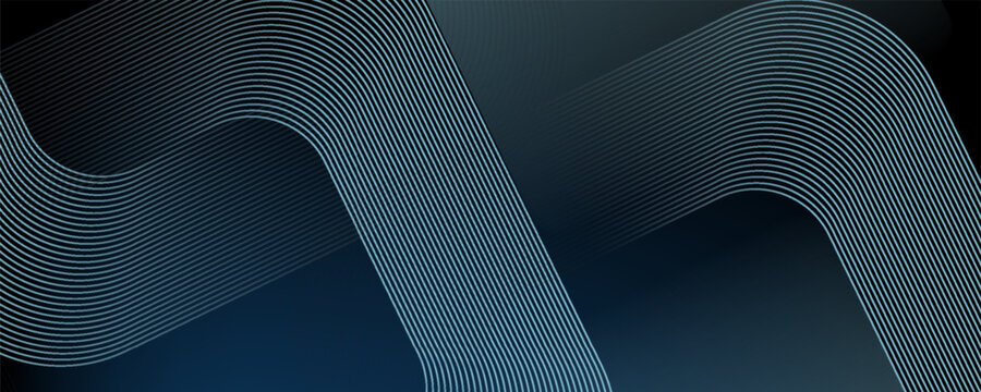 Dark blue abstract background with glowing geometric lines. Modern shiny blue diagonal rounded lines pattern. Futuristic technology concept. Suit for cover, poster, presentation, banner, website