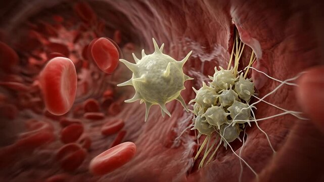 Microscopic view of blood cells and platelets in a vessel.