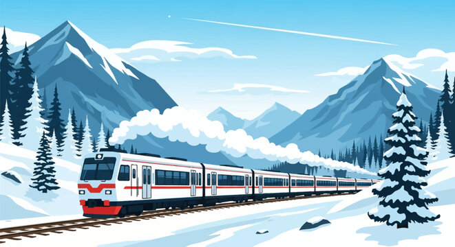 Vector illustration of a modern white and red passenger train traveling on tracks through a snowy mountain landscape with evergreen pine trees and steam smoke under a clear blue sky.