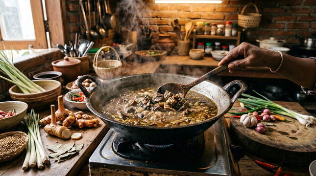 Authentic coto makassar cooking process with Indonesian spices and rustic kitchen atmosphere for culinary storytelling and branding.