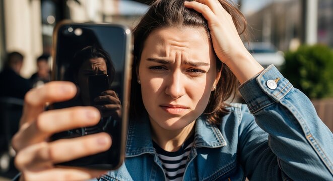 Young woman with worried expression looking at her smartphone screen outdoors in daylight