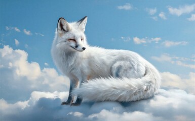 Naklejka premium White fox stands atop fluffy clouds against a bright blue sky with