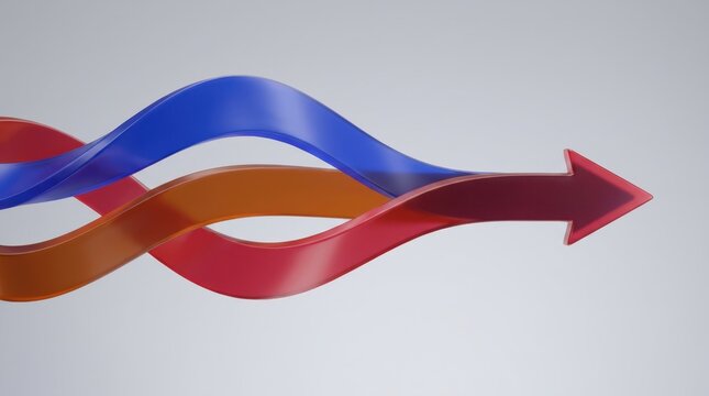 Abstract concept of three colorful arrows merging and moving forward together with direction