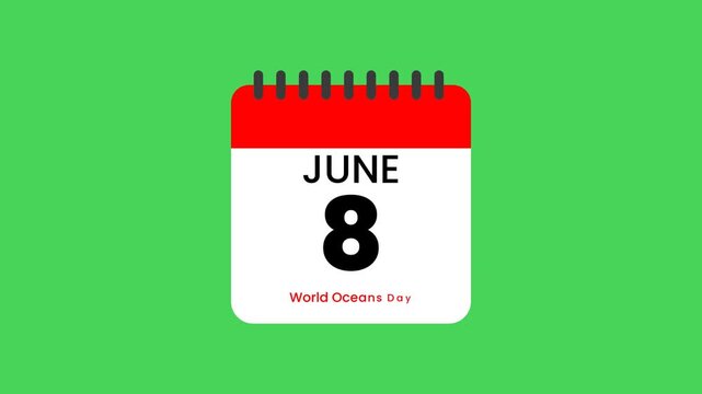 Animated Calendar Flipping to June 8th, Highlighting World Oceans Day Event Reminder
