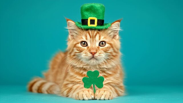 Ginger cat in leprechaun hat with a green clover for St. Patrick's Day celebrations.