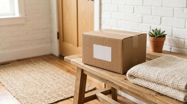 Cardboard shipping box delivered to home entryway on wooden bench with succulent and blanket