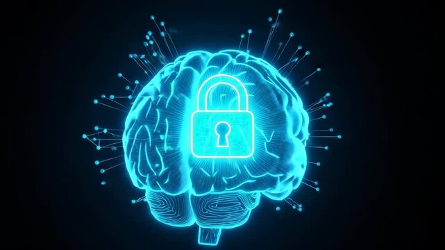 Glowing Stylized Brain With Padlock Superimposed On It Data Security In Cyberspace Against Dark Featureless Backdrop For Digital Content
