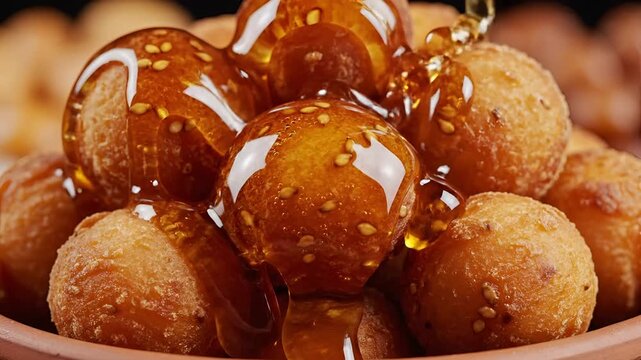 Delicious Golden Fried Dough Balls Drizzled With Sweet Honey and Sesame Seeds.