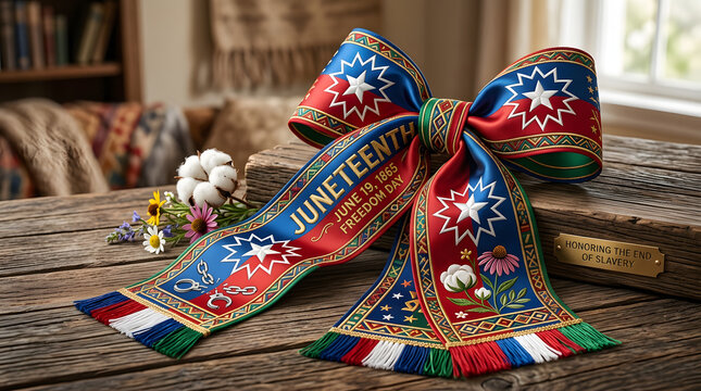 Juneteenth Freedom Day Decorative Bow with Symbols of Emancipation and Broken Chains on a Rustic Wooden Table, Commemorative Asset for June 19th Celebration and History