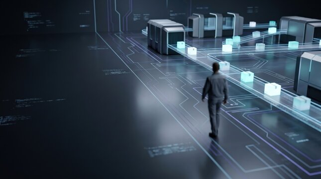 Futuristic Digital Logistics Manager Walking Through Automated Data Warehouse with Glowing Conveyor Systems