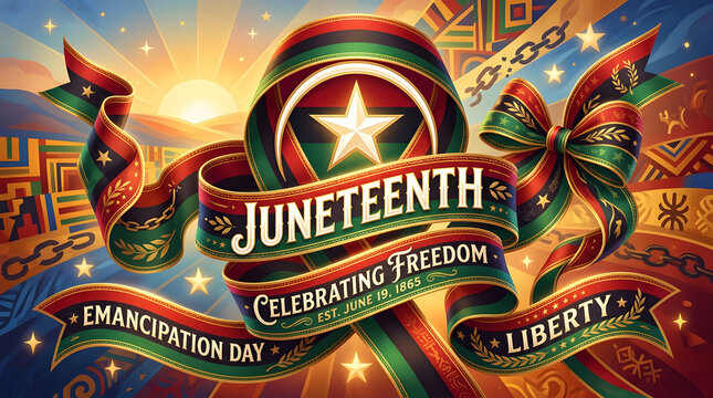 Elegant Juneteenth Banner with Pan-African Colors, Broken Chains and Symbols of Freedom, Professional Emancipation Day Graphic