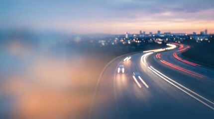 Obraz premium Blurred Highway Traffic at Twilight with City Skyline Background and Motion Trails of Car Headlights and Taillights