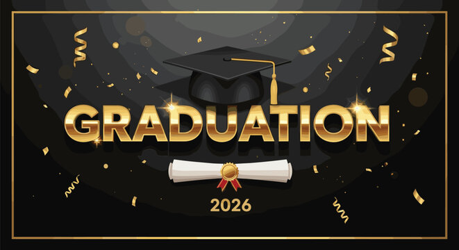 2026 graduation celebration illustration collection, academic achievement artwork, festive diploma design composition, elegant cap graphic, golden confetti vector set