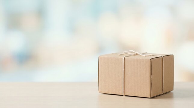 Small Cardboard Shipping Box Tied With String On Wooden Table For Eco Friendly Packaging Concept
