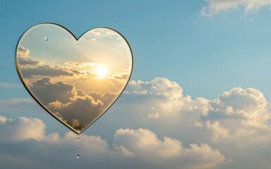 Fototapeta premium Heart-shaped mirror reflects sunset clouds droplets fall against blue