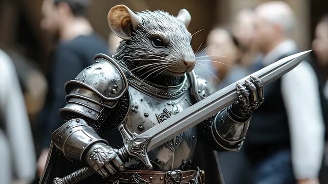 A rat in full plate armor holds a sword, with blurred figures in the background