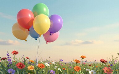 Obraz premium Colorful balloons float above a vibrant flower-filled meadow under a