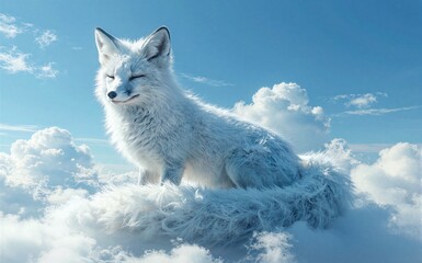 Fototapeta premium White fox perches peacefully atop fluffy clouds under a bright blue
