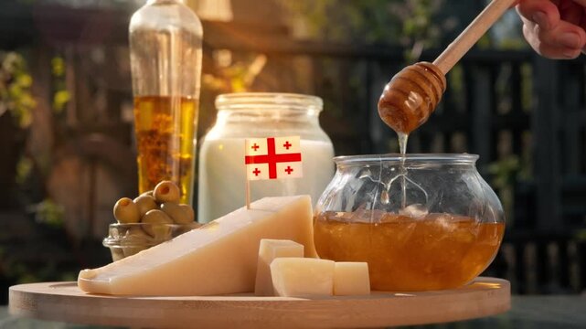 Local Georgian honey gently stretches from honey dipper beside artisan cheese and dairy goods, creating a rich countryside food scene.