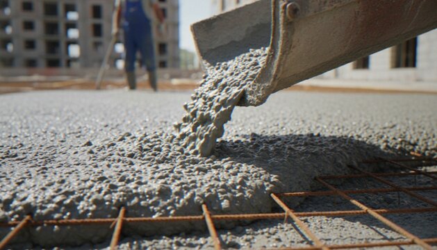 Concrete being poured from a cement mixer chute over rebar mesh on a residential construction site.