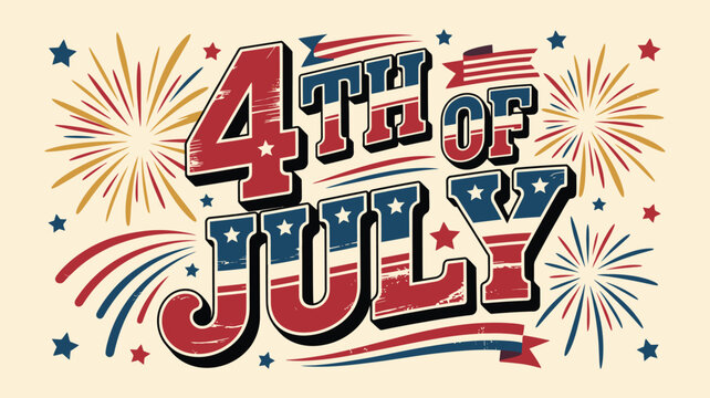 Vintage fourth of july typographic poster with colorful fireworks and patriotic stars and stripes.