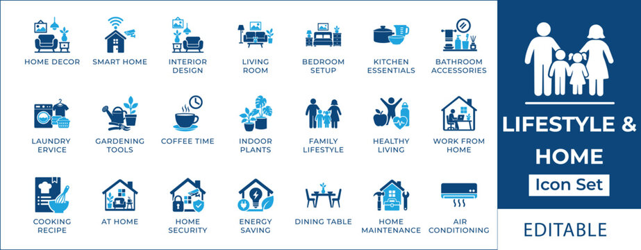 Lifestyle and home icon set featuring interior furniture, smart home security, family wellness, gardening, cooking, laundry, and remote work from home symbols.